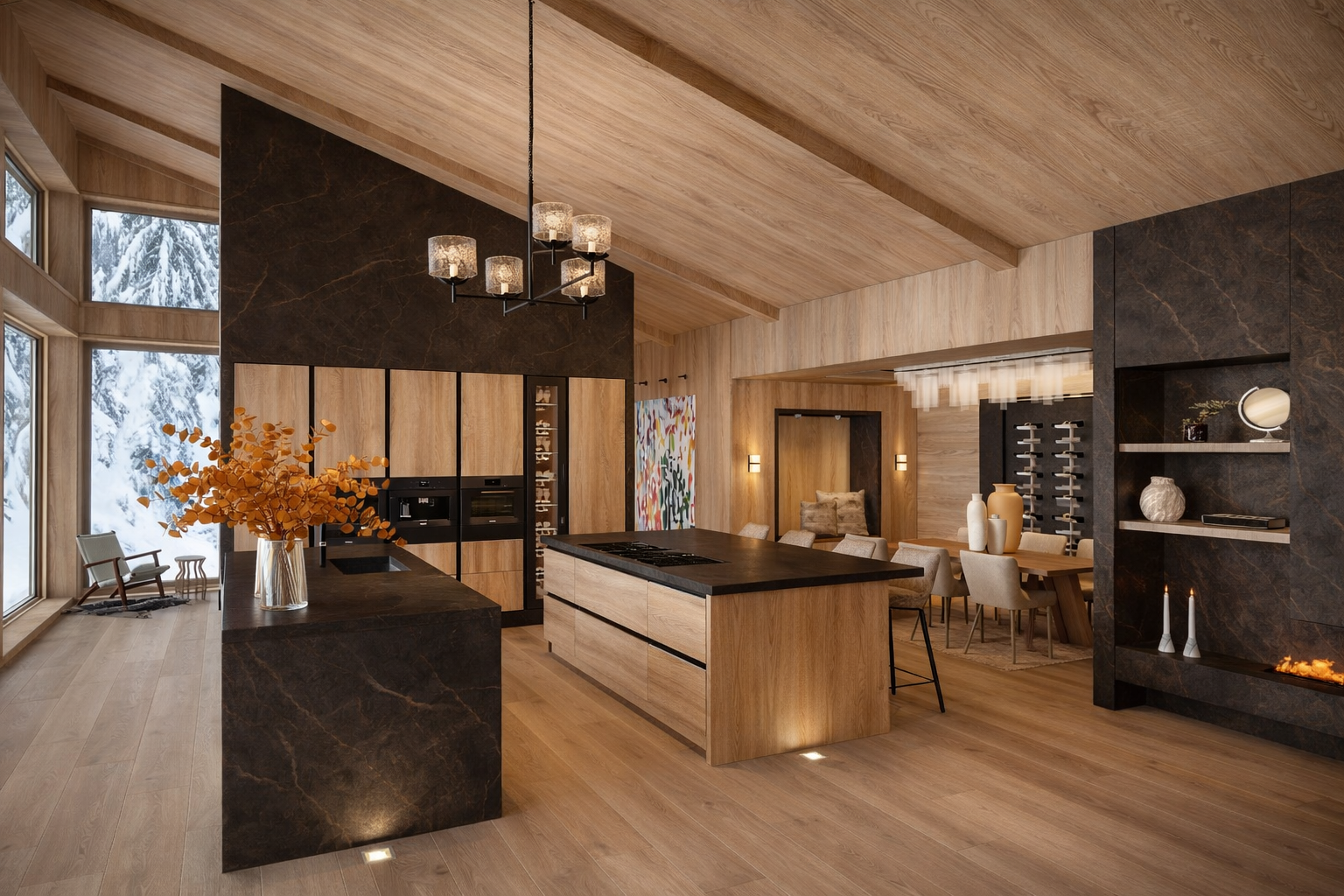 Modern kitchen and dining area with wood and dark marble accents, large windows with snow-covered trees outside, a black kitchen island with a vase of orange leaves, and a cozy living space with paintings and warm lighting.