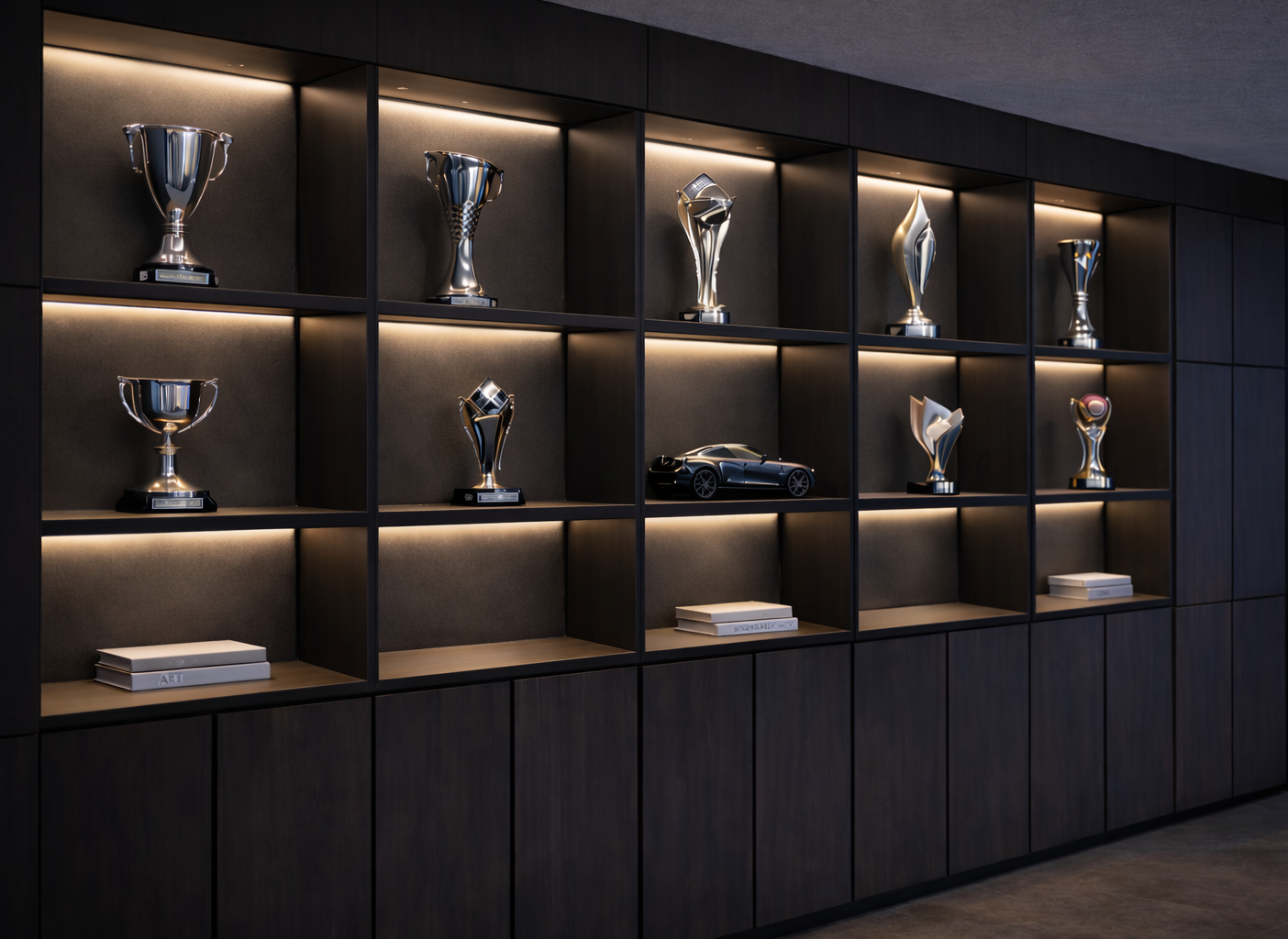 Luxury Car garage interior at Villa, Monaco designed by Ursula Carlton Design, featuring custom veneer cabinetry and landscaped and mood lit driveway.