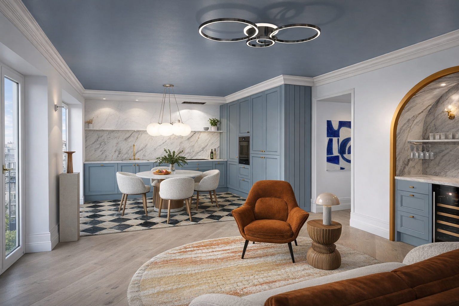 kitchen interior, pied-à-terre, Paris, designed by Ursula Carlton Design, featuring custom painted in frame cabinetry, marble worktops, a contemporary furnishings.