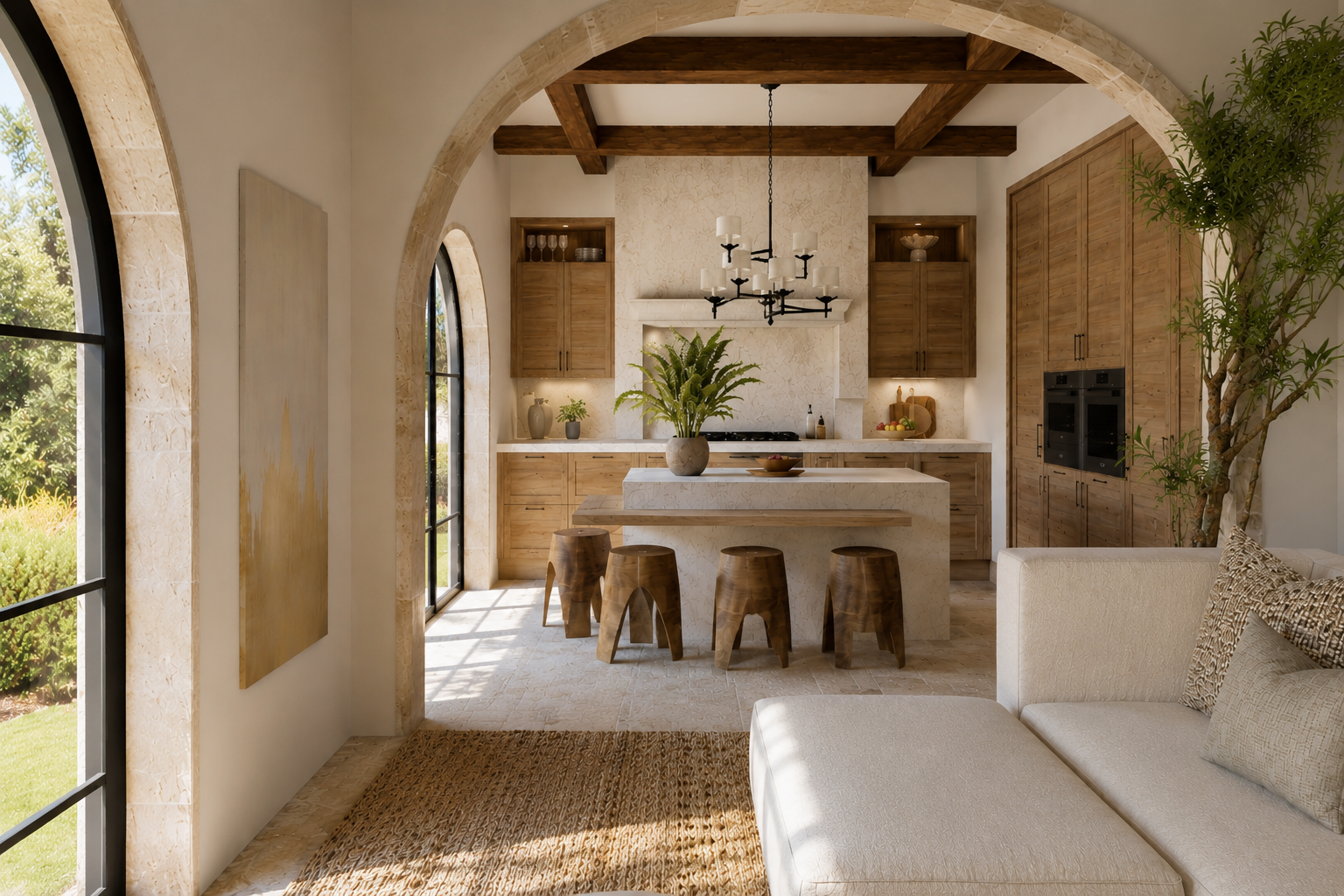 Open-concept kitchen with a central island, wooden cabinets, and a white marble backsplash. A black chandelier hangs above the island, which has a large potted plant and four wooden stools. Large arched windows provide natural light. A white couch with patterned pillows is partially visible in the living area, and a tall potted tree is in the corner.