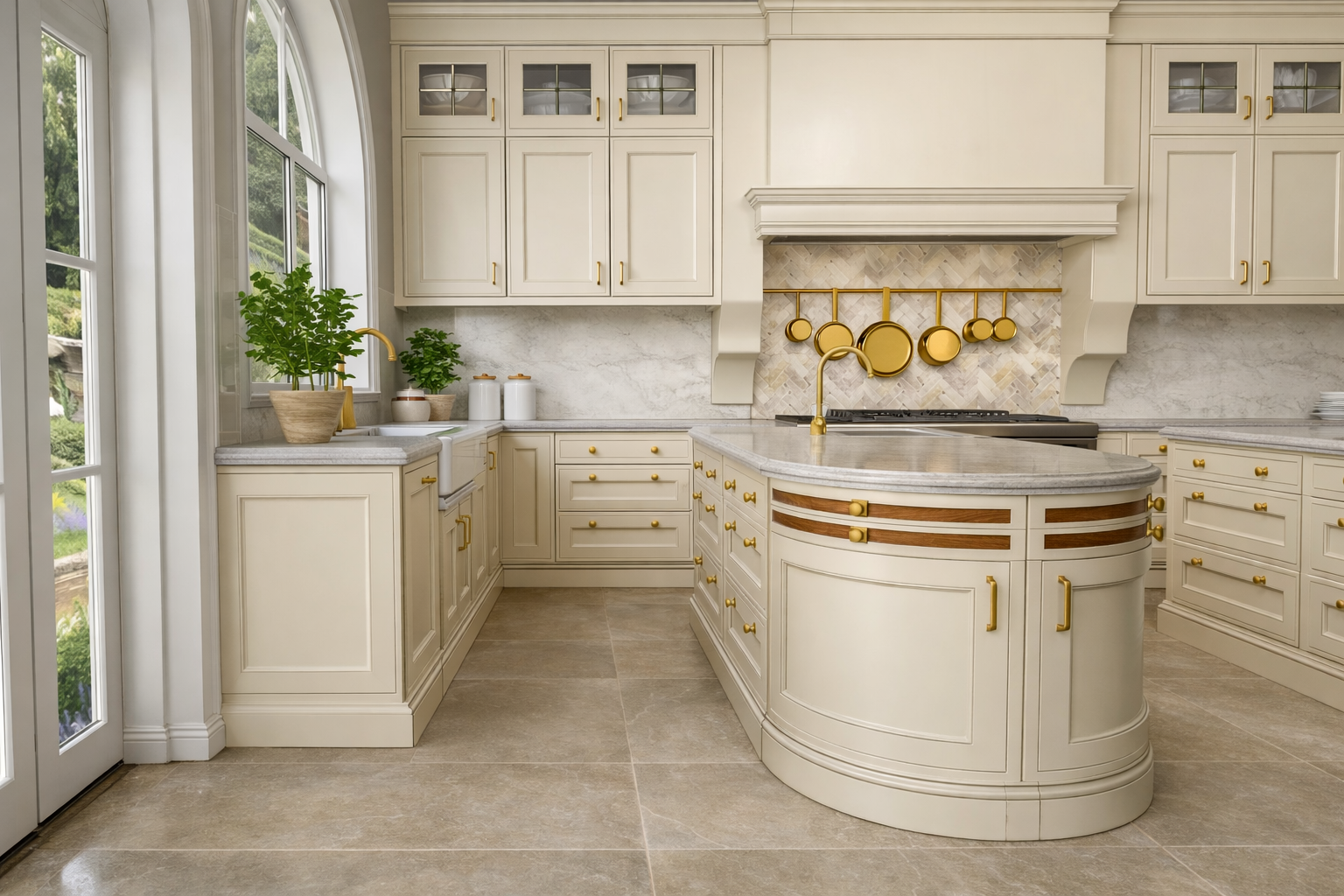 Kitchen interior at Château, Dordogne designed by Ursula Carlton Design, featuring marble surfaces, custom cabinetry, and classical architectural detailing.