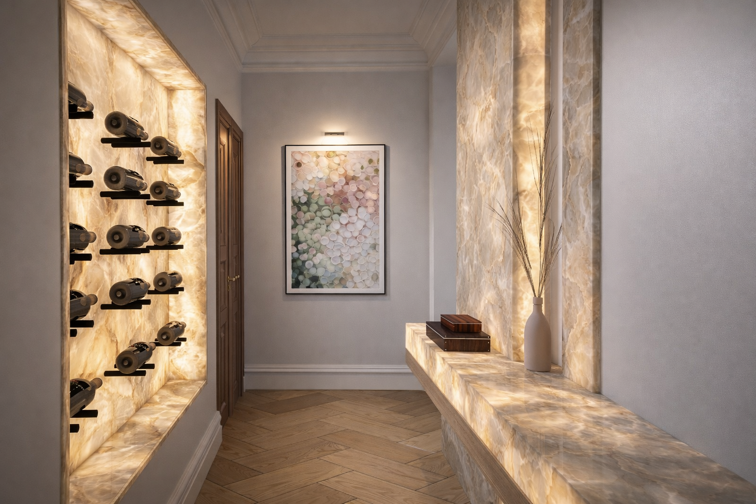 Modern apartment interior, entrance hall, in Madrid, designed by Ursula Carlton Design, featuring backlit quartz, wine collection, high ceiling, traditional architecture.
