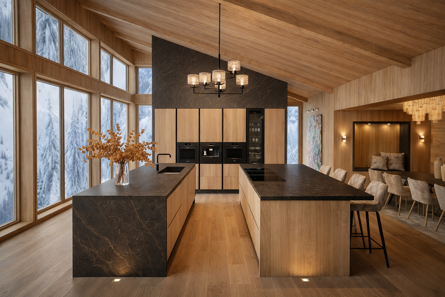 Alpine Ski interior at Chalet, Courcheval designed by Ursula Carlton Design, featuring custom oak wood veneer cabinetry, dekton worktops, and architectural sloping ceiling.