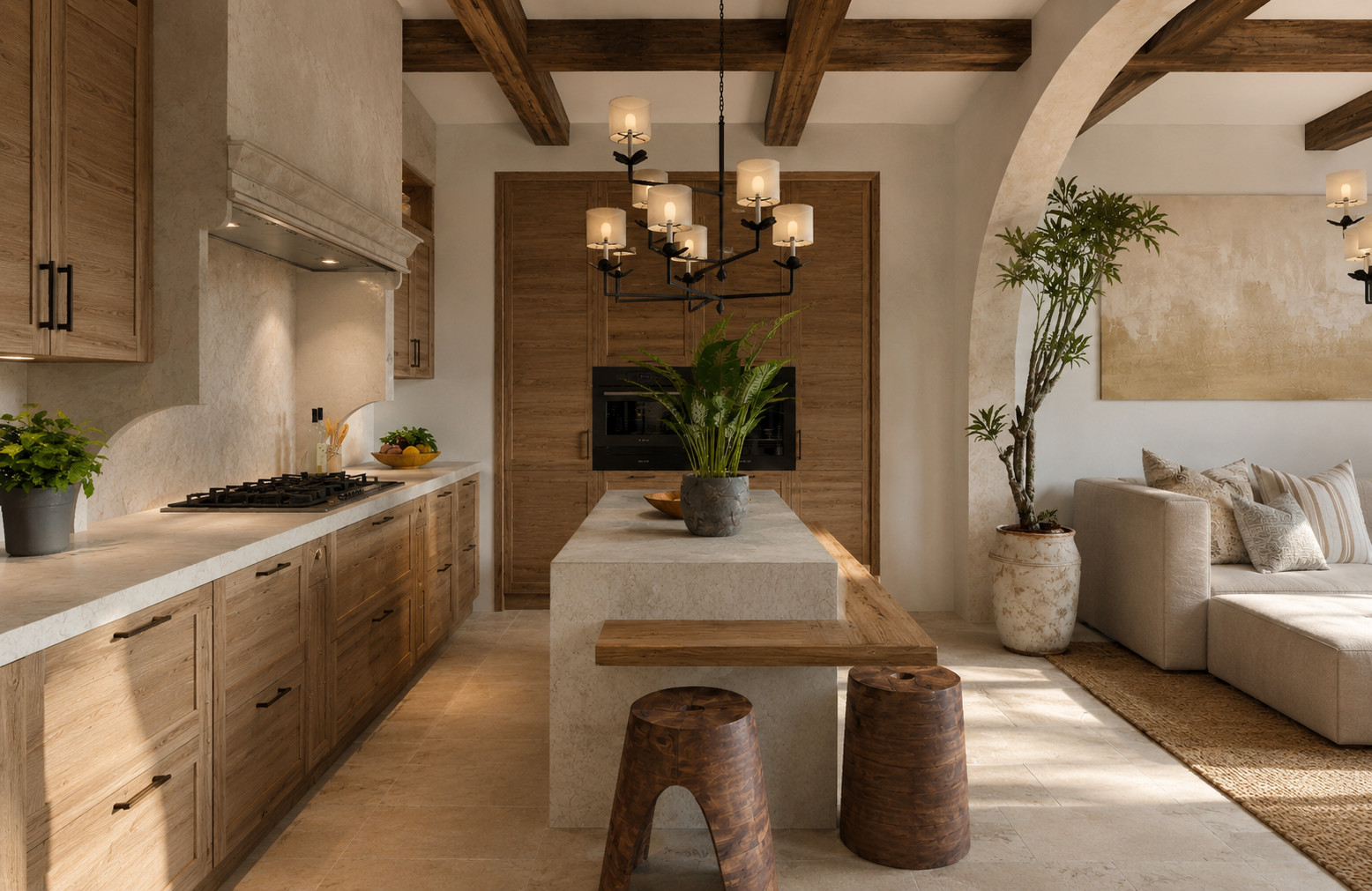 A cozy, modern kitchen with wooden cabinetry and a white countertop. There is a central island with a potted plant, two wooden stools, and a hanging chandelier. The space includes a built-in oven, a gas cooktop, some decorative plants, and a window with a view. To the right, part of a living area with a beige sofa, pillows, a large potted plant, and wall art is visible.