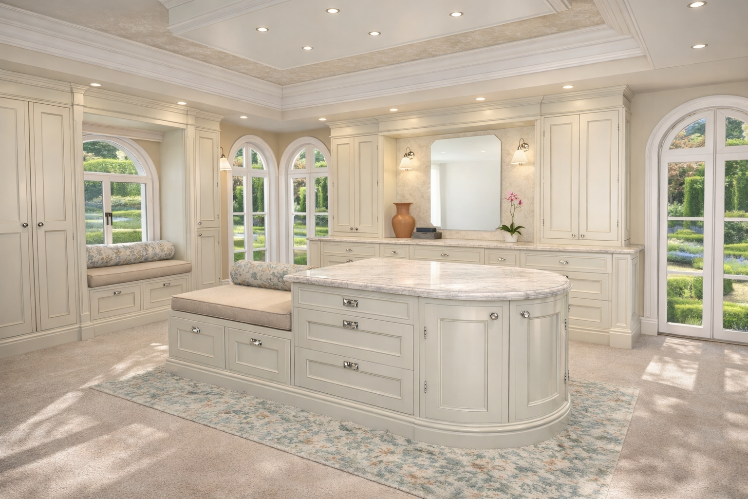 Custom walk in wardrobe closet interior at Château, Dordogne designed by Ursula Carlton Design, featuring custom painted in frame cabinetry, marble worktops, and soft furnishings.