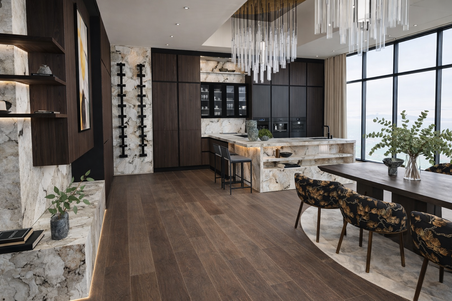 Modern open-concept kitchen and dining area featuring dark wood cabinetry, a marble island, large windows, and decorative plants.