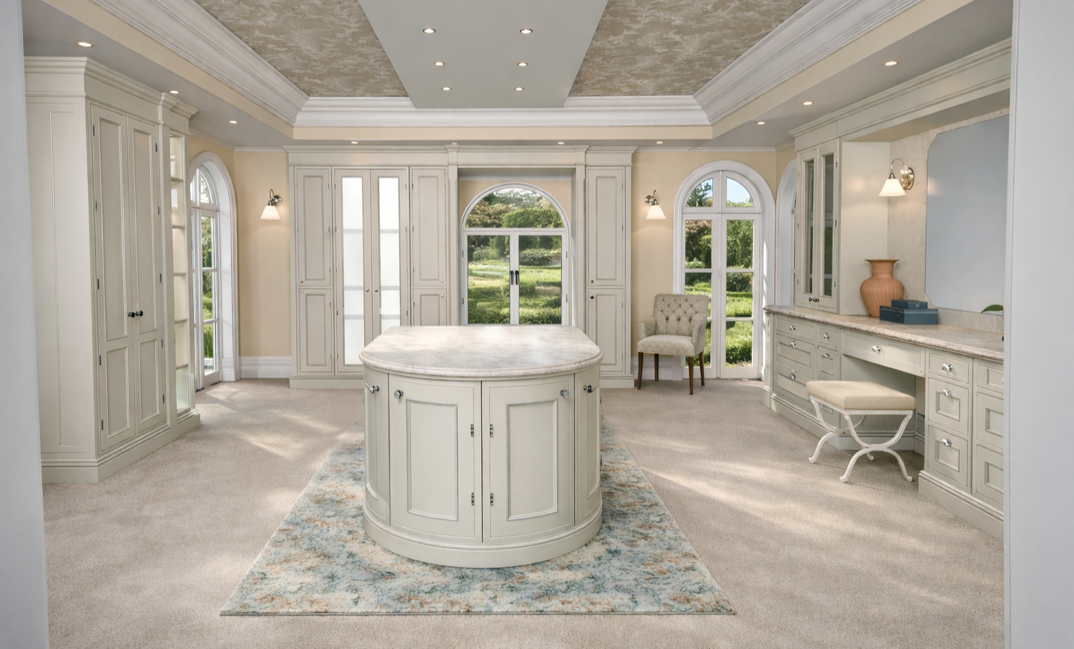 Custom walk in wardrobe closet interior at Château, Dordogne designed by Ursula Carlton Design, featuring custom painted in frame cabinetry, marble worktops, and soft furnishings.