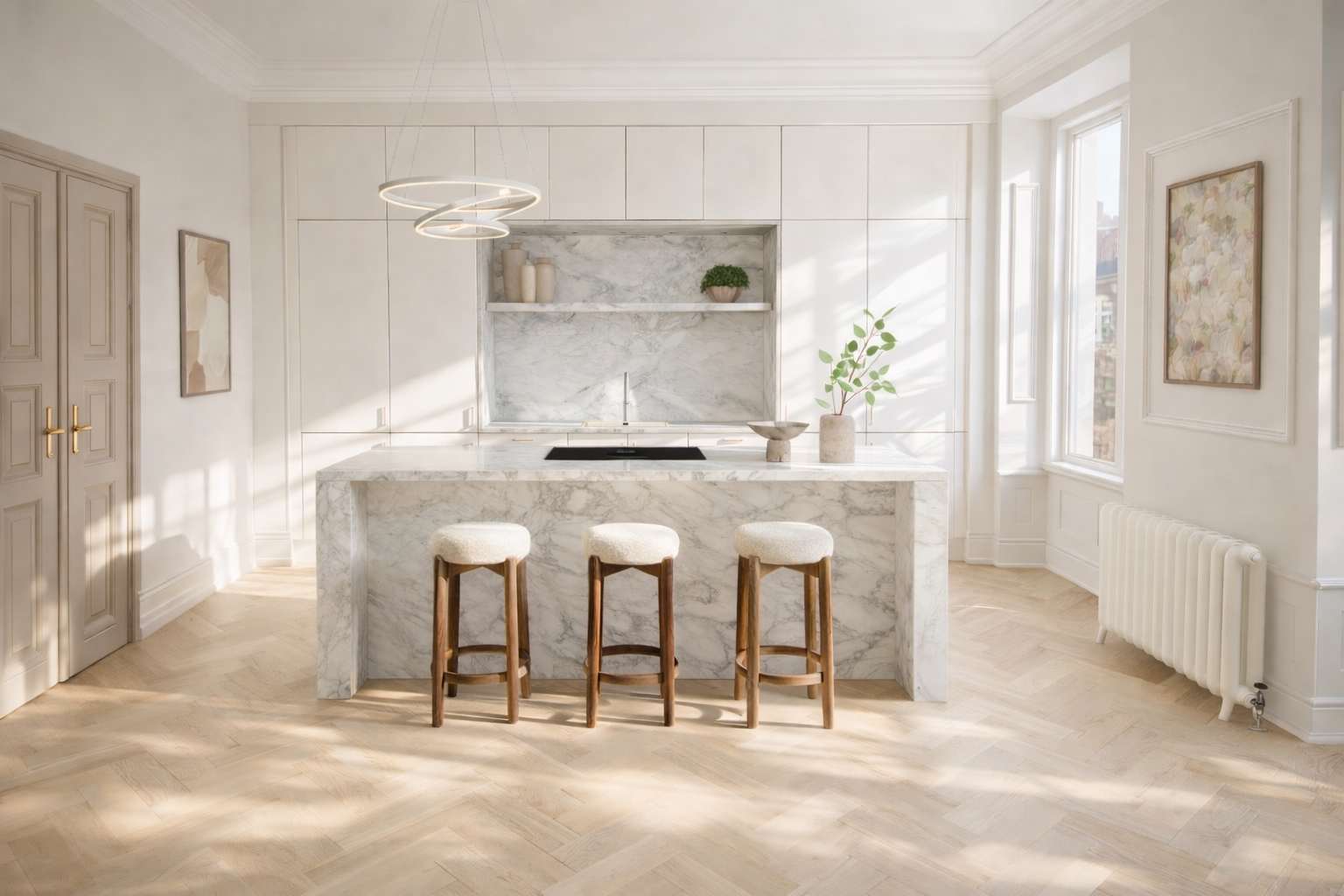 Modern apartment interior Kitchen, in Madrid, designed by Ursula Carlton Design, featuring matt painted kitchen cabinetry, dekton worktops, herringbone flooring, high ceiling, traditional architecture.