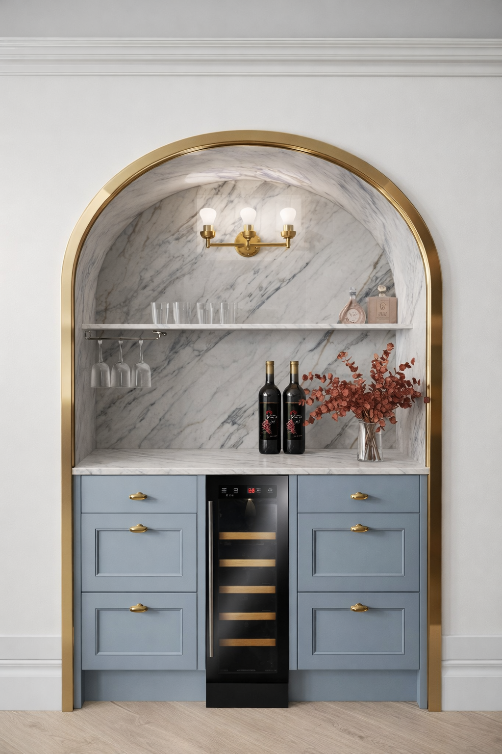 Custom wine bar interior at pied-à-terre, Paris designed by Ursula Carlton Design, featuring custom painted in frame cabinetry, marble worktops, and wine cooler.