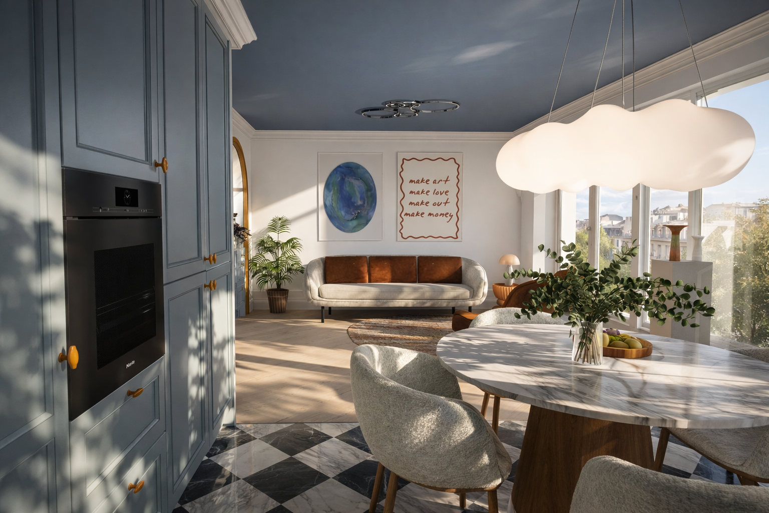 kitchen interior, pied-à-terre, Paris, designed by Ursula Carlton Design, featuring custom painted in frame cabinetry, marble worktops, a contemporary furnishings.