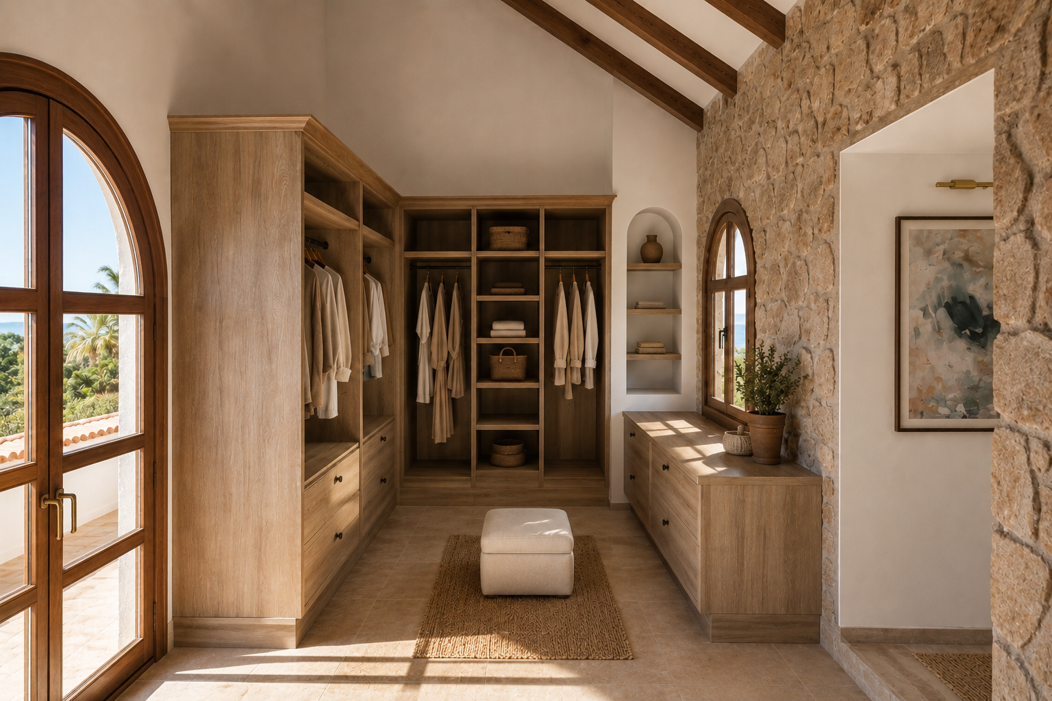 A walk-in closet with wooden cabinetry, an arched window, and a stone wall, featuring hanging clothes, shelves with baskets and decor, a small white ottoman, and a potted plant.
