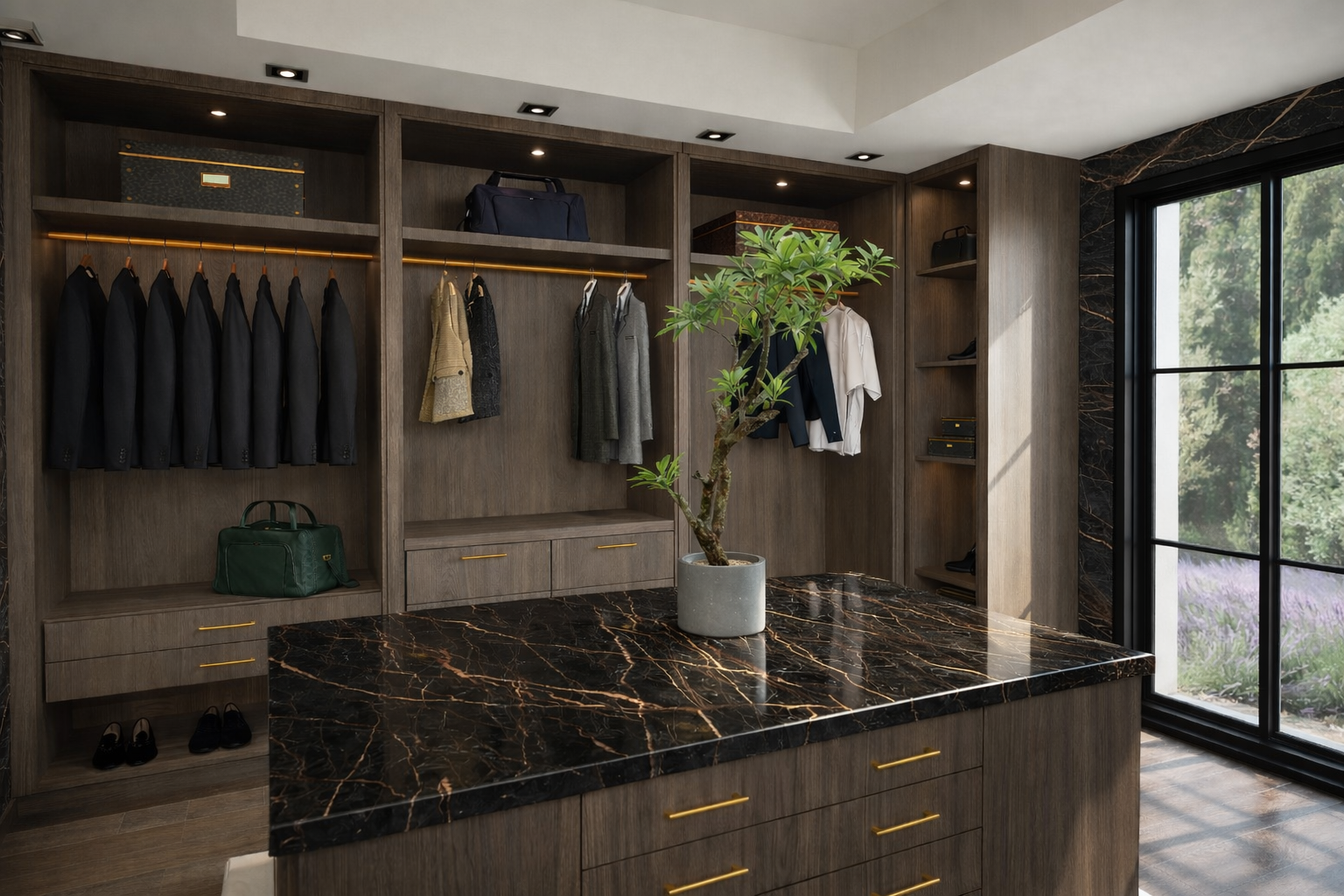 Walk In Wardrobe interior at Villa, Monaco designed by Ursula Carlton Design, featuring Dekton worktops, custom veneer cabinetry.