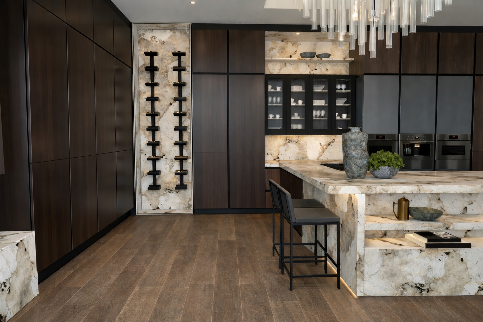 Kitchen interior at Villa, Monaco designed by Ursula Carlton Design, featuring Dekton Worktop surfaces, custom veneer cabinetry, and modern architectural detailing.