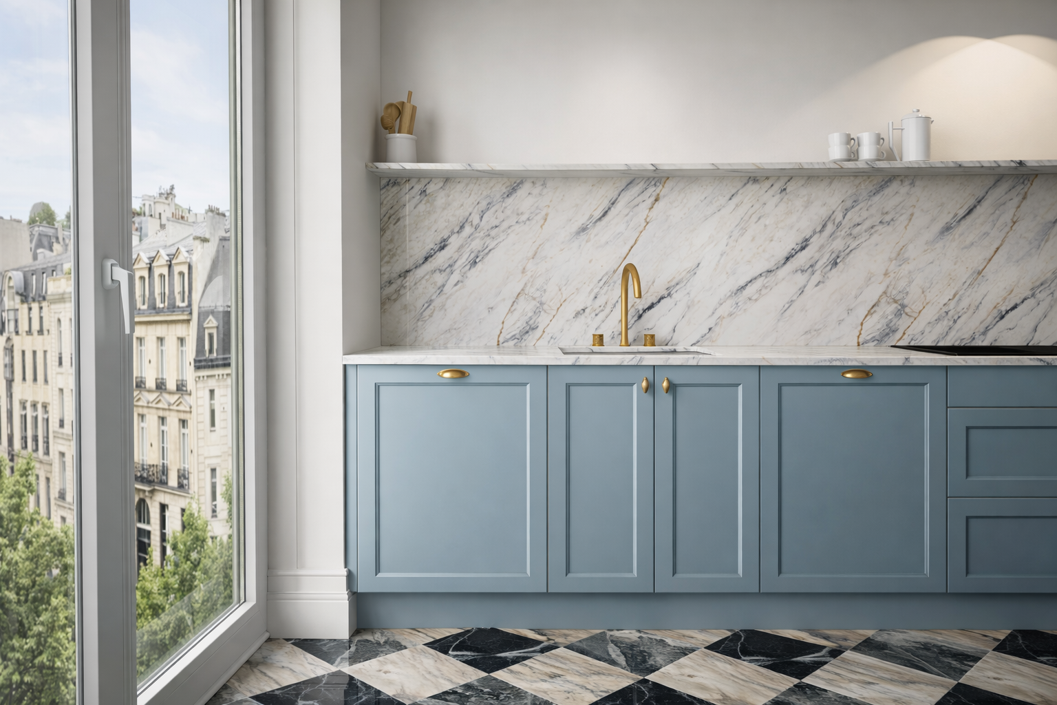 Modern kitchen with blue cabinets, gold hardware, marble backsplash, and black and white patterned floor, with view of city buildings through glass door.