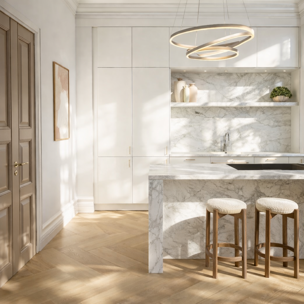 Modern apartment interior Kitchen, in Madrid, designed by Ursula Carlton Design, featuring matt painted kitchen cabinetry, dekton worktops, herringbone flooring, high ceiling, traditional architecture.