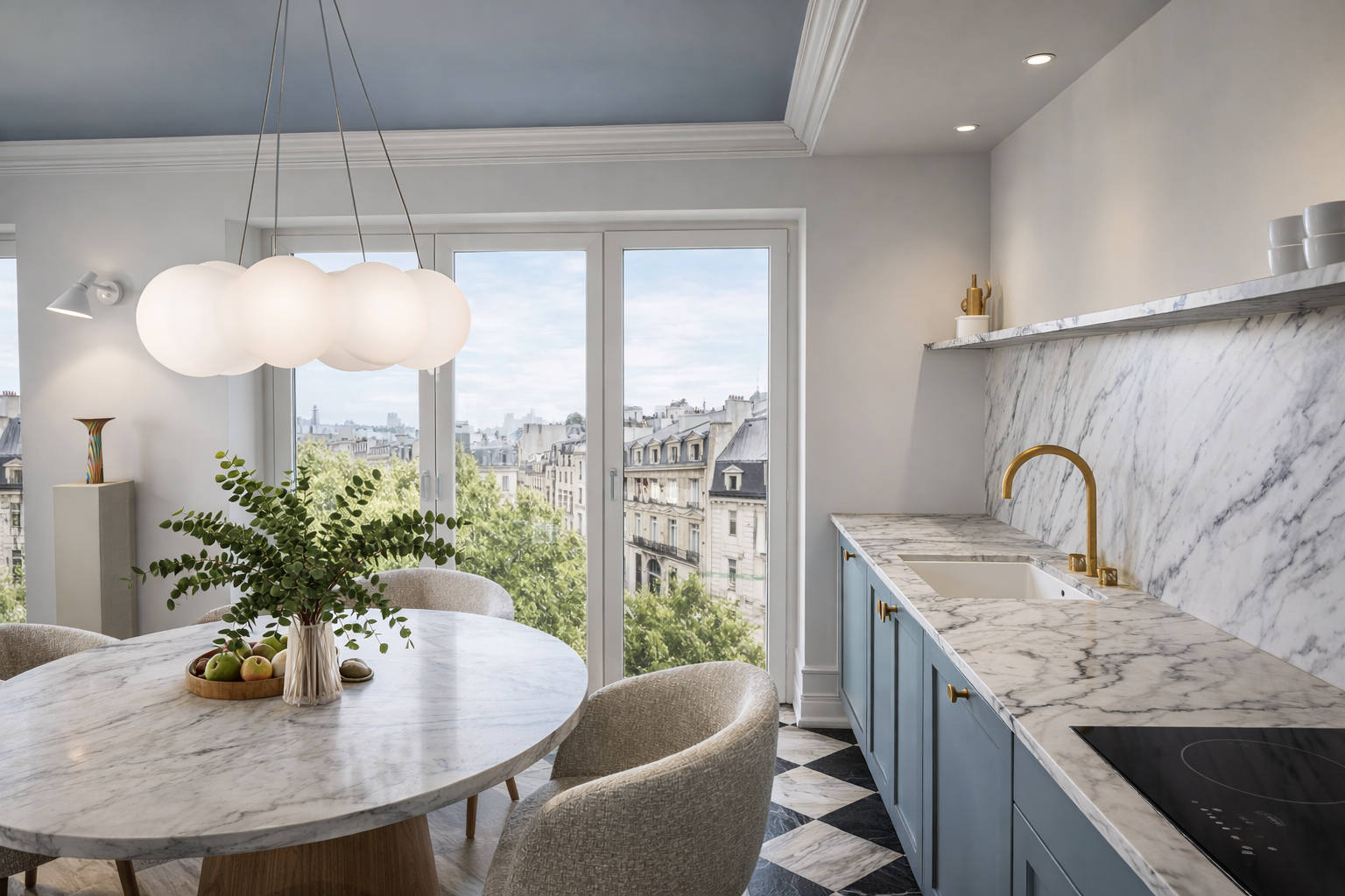 kitchen interior, pied-à-terre, Paris, designed by Ursula Carlton Design, featuring custom painted in frame cabinetry, marble worktops, a contemporary furnishings.