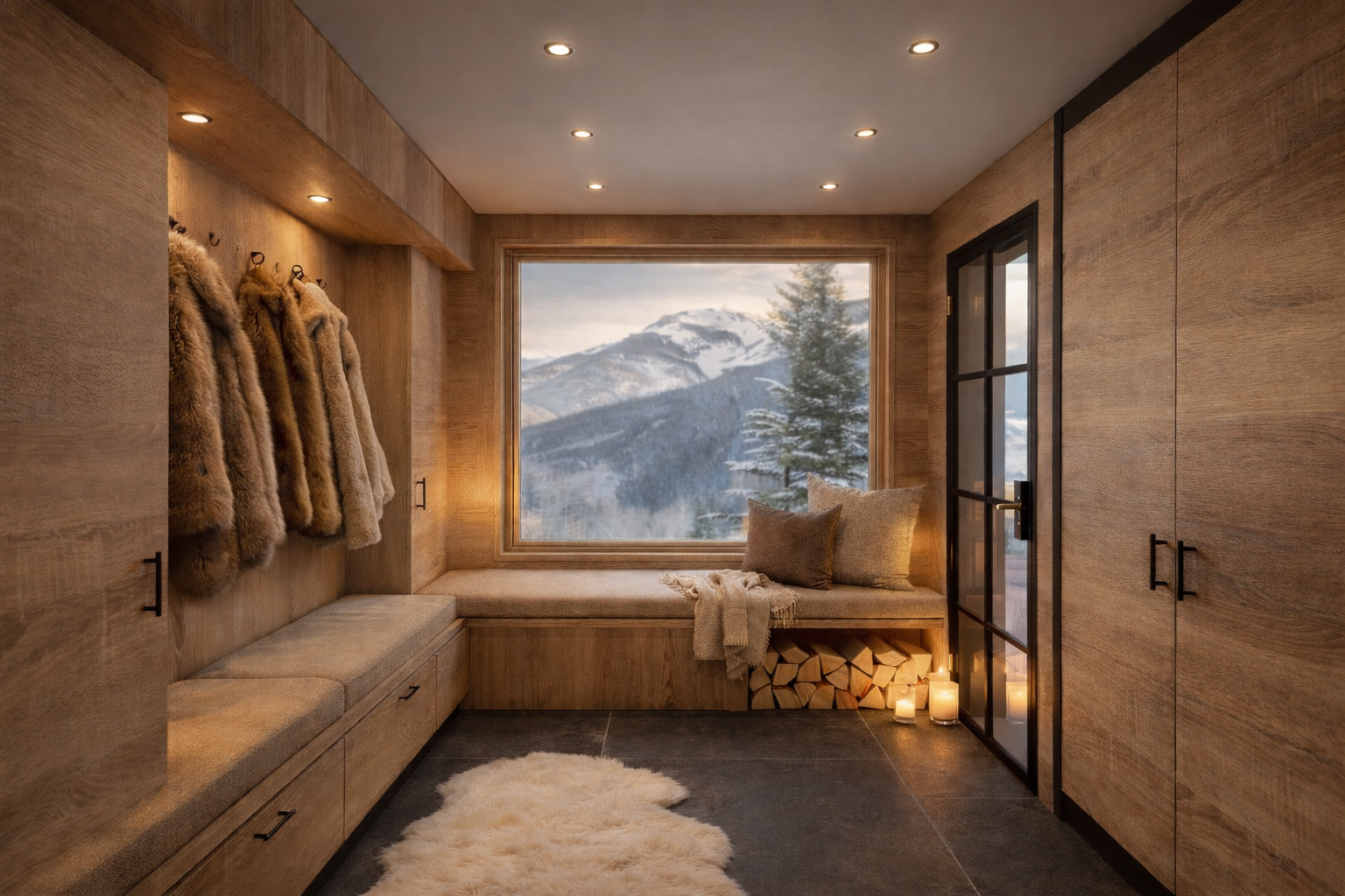 Alpine Ski interior at Chalet, Courcheval, designed by Ursula Carlton Design, featuring custom oak wood veneer cabinetry and soft furnished bench seating entrance hall.