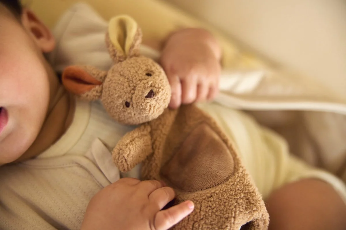 Close-up of a sleeping baby holding a small, plush bunny stuffed animal.