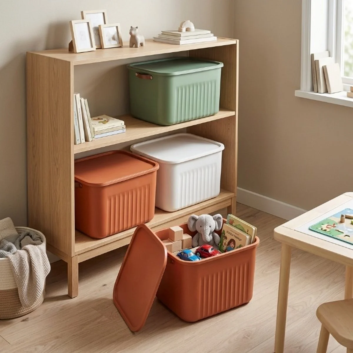 A wooden bookshelf with three colored storage bins (green, white, orange) on the shelves. The top of the bookshelf has photo frames, a small bear figurine, and stacked books with a small decorative object. There are additional books on a window sill and a basket with cloth items nearby. A toy basket filled with toys, including a stuffed elephant and toy cars, is in front of the bookshelf. Part of a wooden table with a puzzle and a chair are visible.