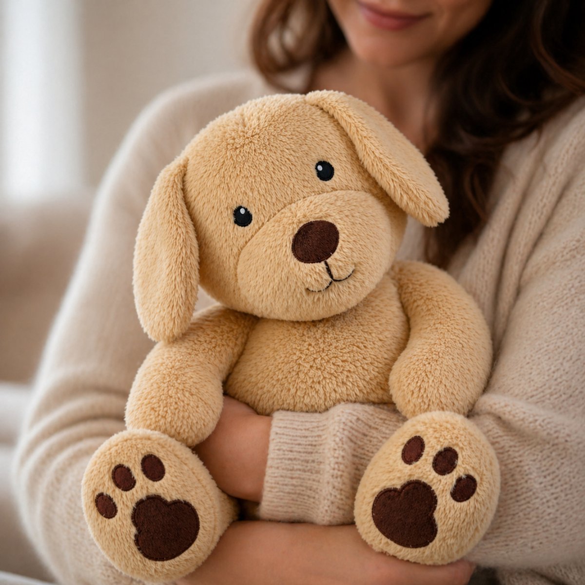 Person holding a tan plush dog toy with black eyes, a brown nose, and paw prints on its feet.