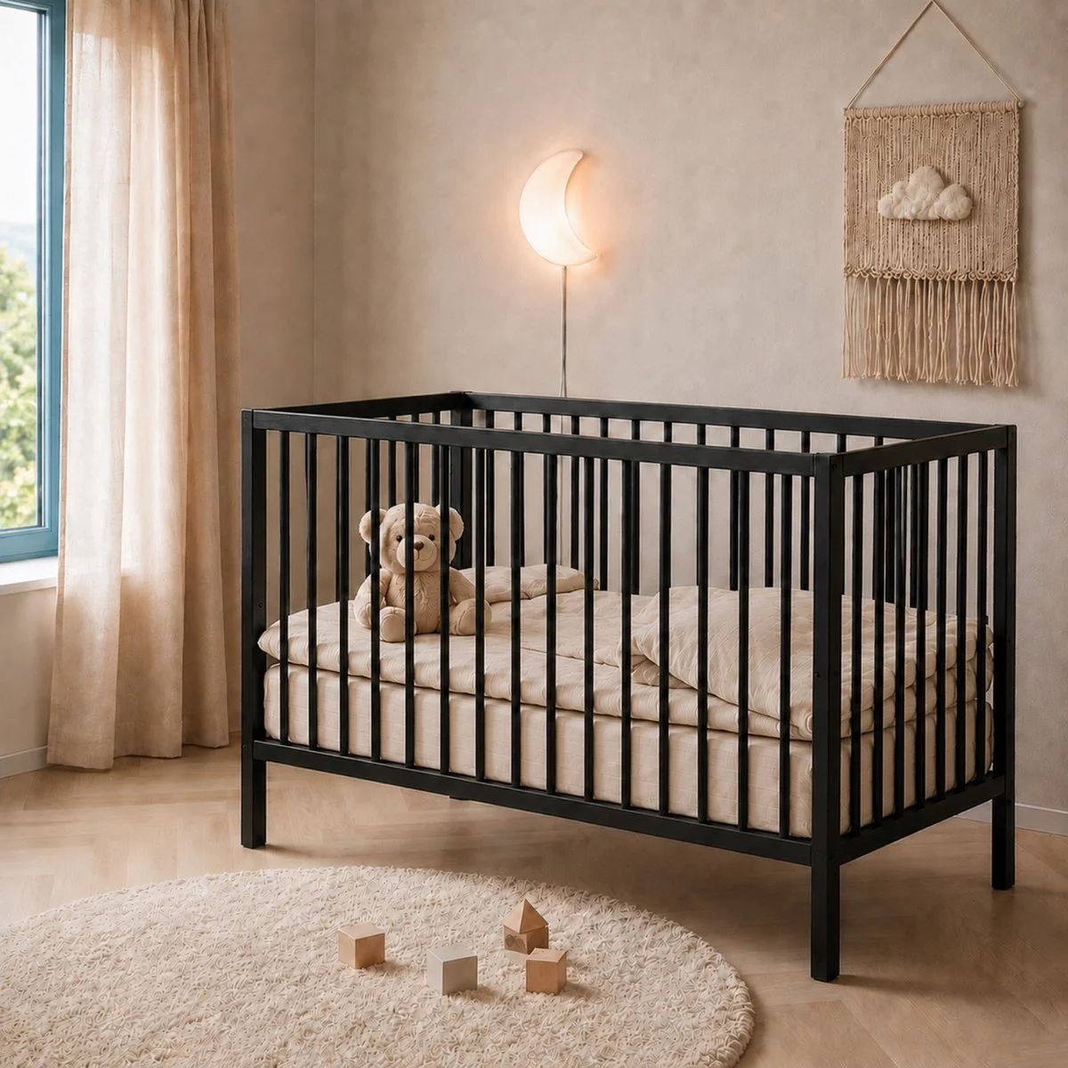 A nursery with a black crib, a teddy bear on the mattress, beige curtains, a moon-shaped wall light, a wall hanging with clouds and fringe, and wooden blocks on a round rug.