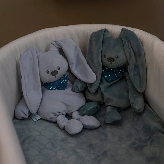 Two plush bunny toys with long ears and blue bandanas sitting inside a white cushioned bed.