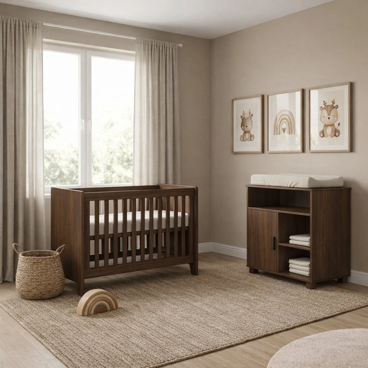 A nursery with a wooden crib, a framed animal and rainbow wall art, a changing table with a pad, woven basket, rainbow toy, and beige curtains in front of a large window with greenery outside.