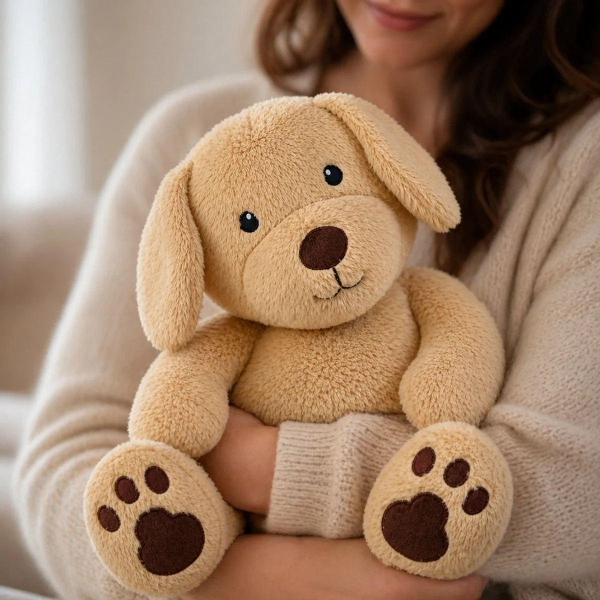 A woman holding a beige plush dog toy with floppy ears, black eyes, and paw prints on its feet.