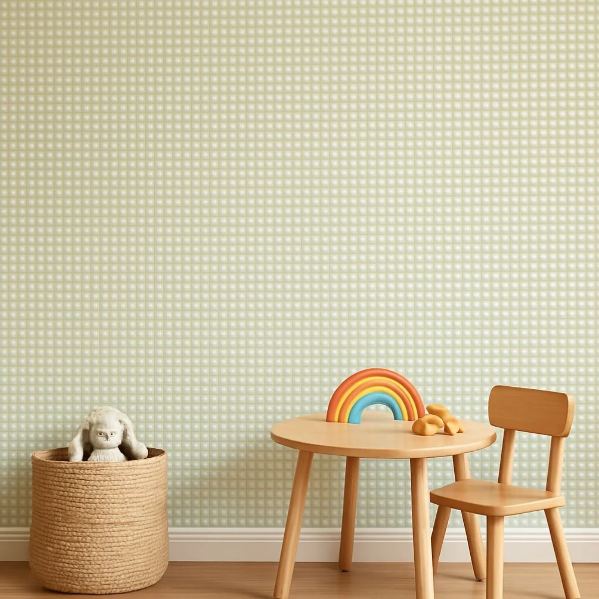 A children's room with a polka dotted wallpaper, a small wooden table with a rainbow and some rocks on top, a wooden chair, and a woven basket with a stuffed animal inside.
