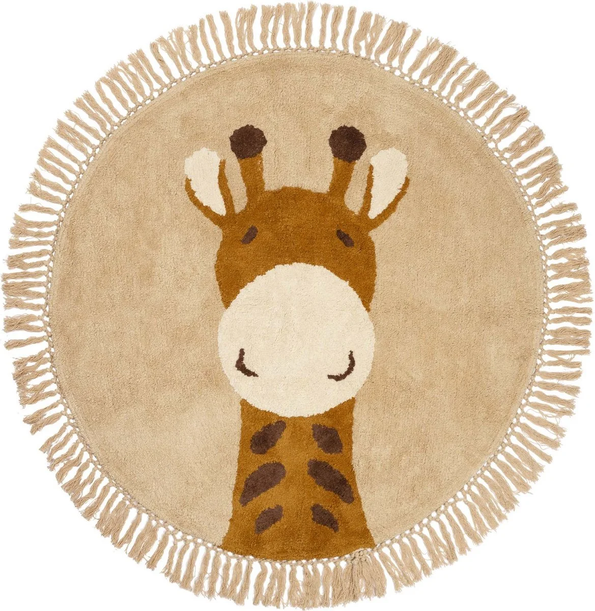 Round beige children's rug with a smiling cartoon giraffe's face and neck in the center, fringed edge.