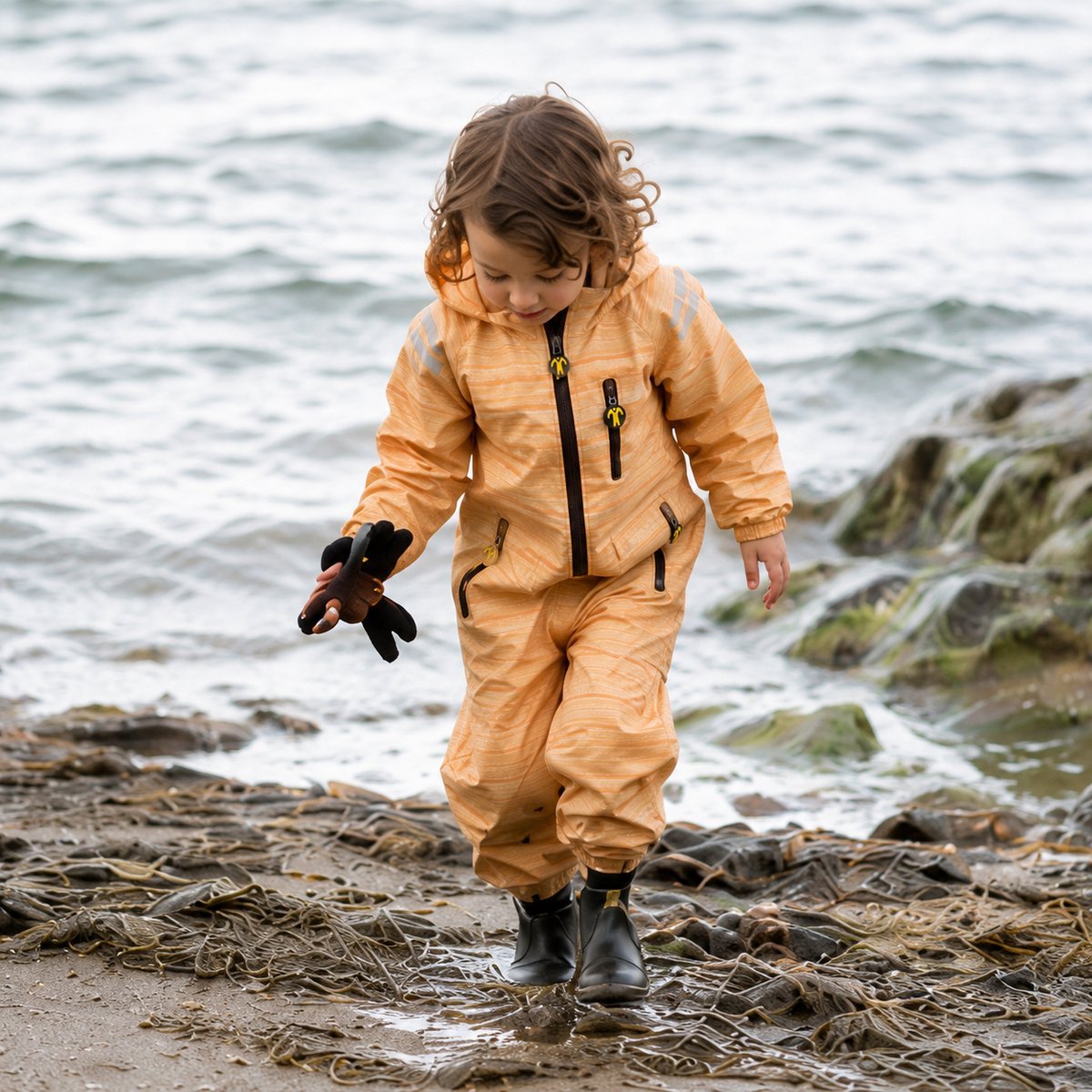 A young child wearing a tan waterproof jacket and pants, black rain boots, and holding gloves, walking on a beach near the water and rocks.