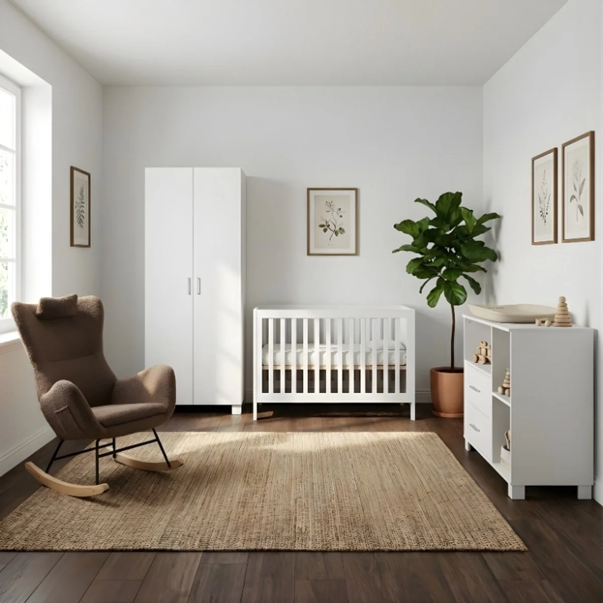 Nursery with white crib, wardrobe, changing table, rocking chair, large plant in a pot, framed botanical prints, and natural fiber rug on dark wood floor