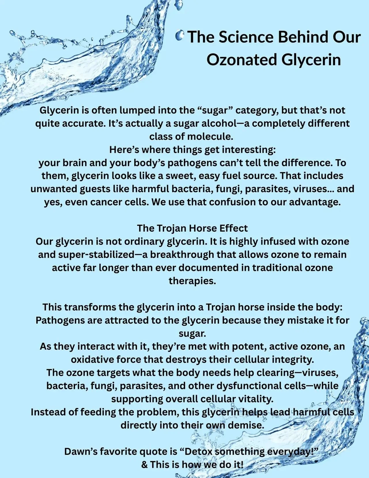 An informational graphic explaining the science behind ozone-stered glycerin, including its role in fighting pathogens through a Trojan horse effect, with water splash design and bold headings.