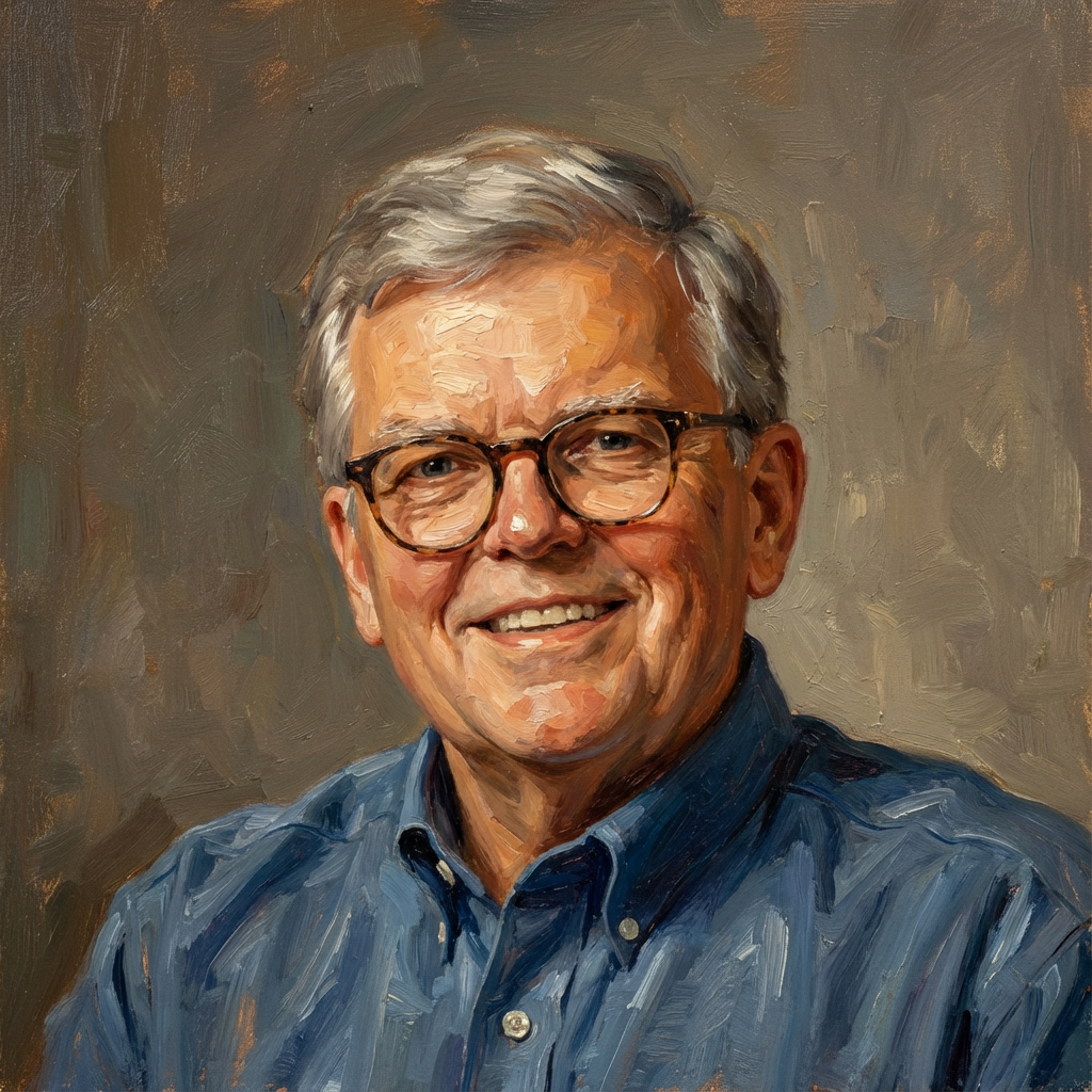 A painting of an older man with gray hair and glasses, smiling, wearing a blue collared shirt, against a brown background.