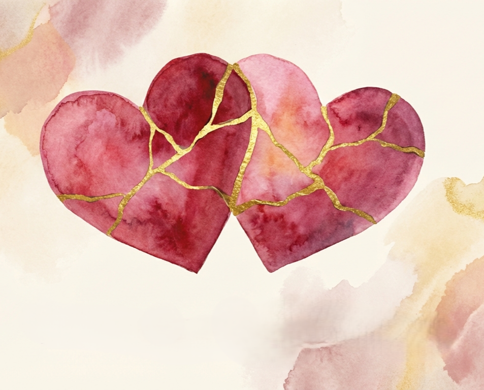 Watercolor painting of two red hearts cracked apart and slightly overlapping, with gold veins running through the cracks.