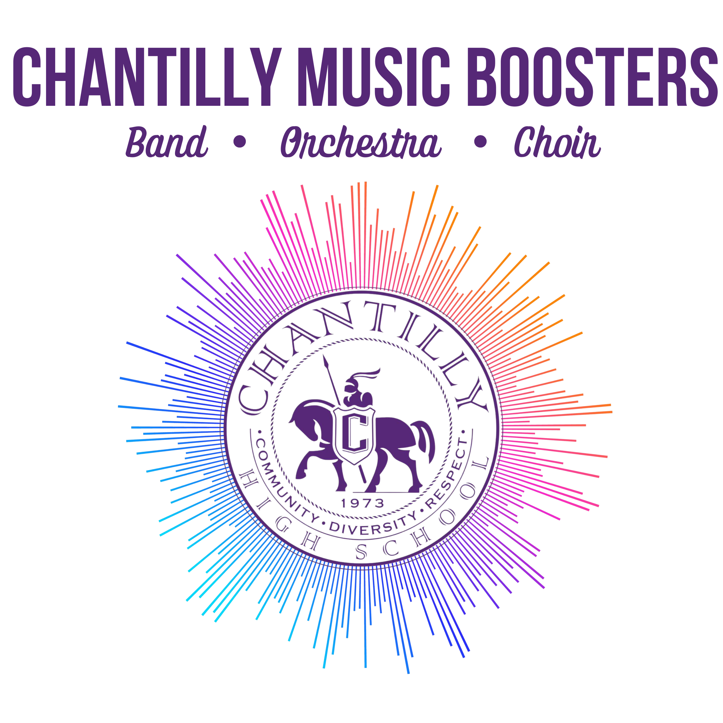 Cheantilly Music Boosters logo featuring a circular emblem with a knight on horseback, surrounded by colorful sound waves, and text promoting band, orchestra, and choir.