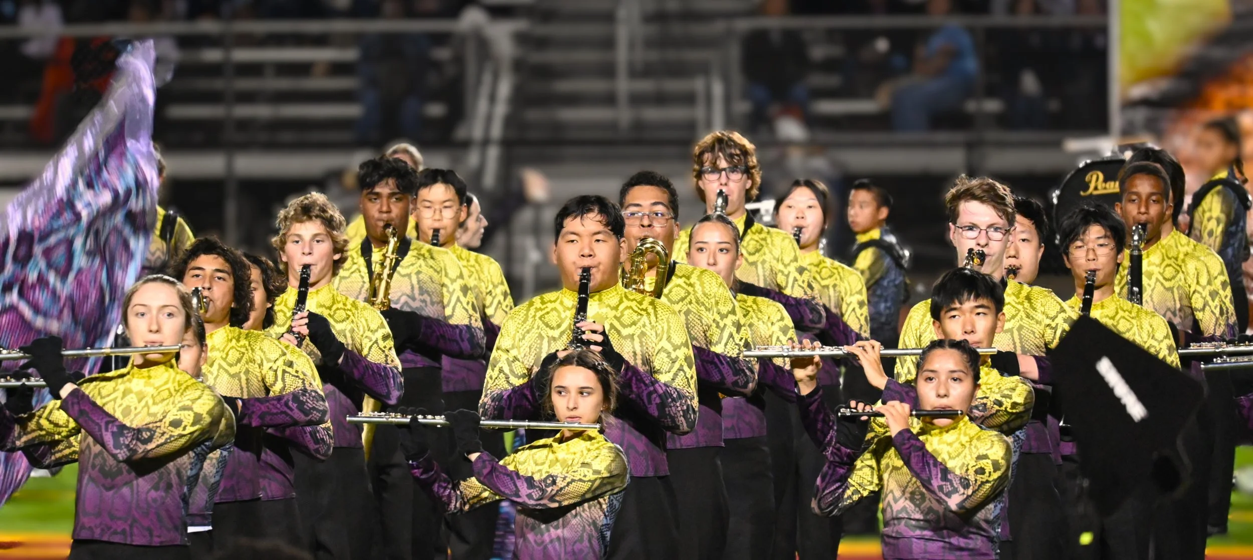Band of young musicians in yellow and purple costumes playing wind instruments on a field.