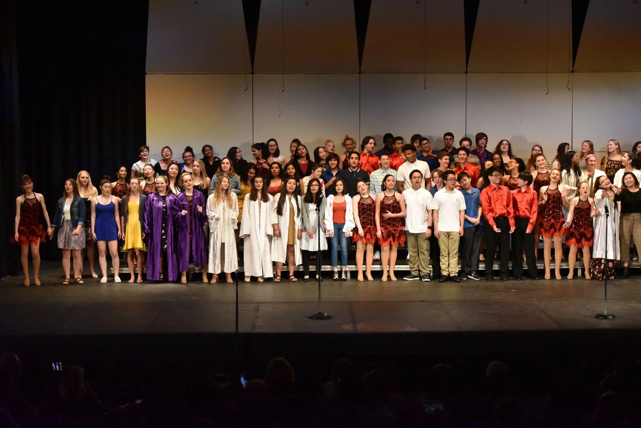 A large group of students on stage at a school performance, dressed in costumes and casual attire, facing the audience.