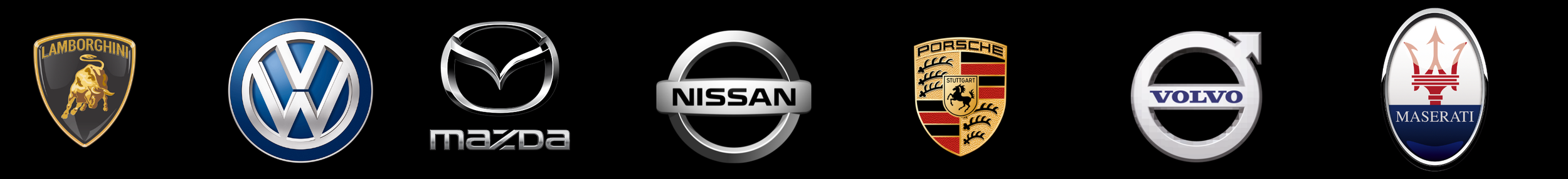 Logos of luxury car brands: Lamborghini, Volkswagen, Mazda, Nissan, Porsche, Volvo, Maserati, displayed against a black background.
