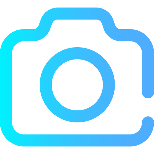 A graphic icon of a camera in shades of blue.