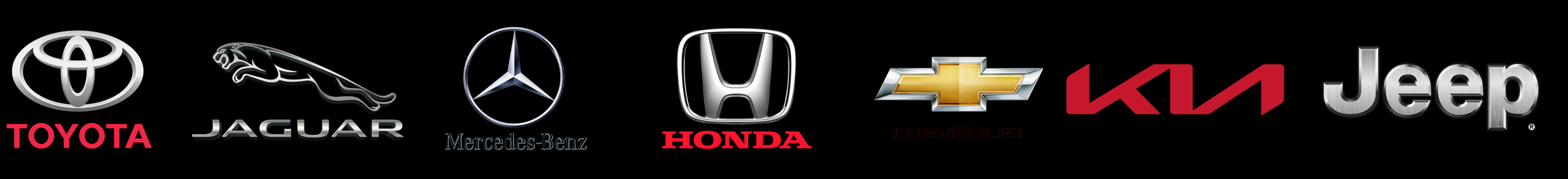 Logos of car manufacturers including Toyota, Jaguar, Mercedes-Benz, Honda, Chevrolet, KIA, Jeep on a black background.