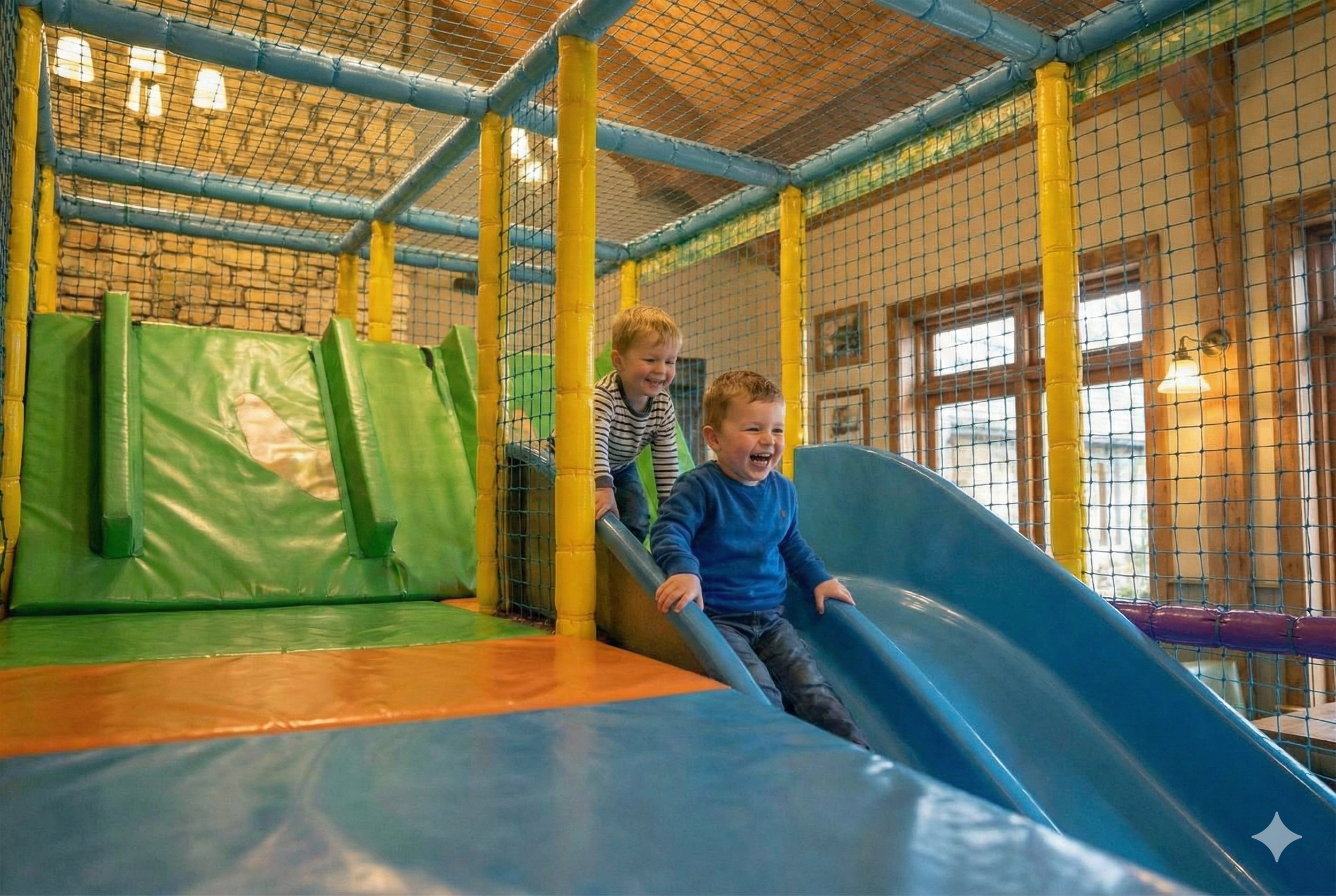 Two young boys playing on indoor jungle gym with slides and padded surfaces, smiling and having fun.