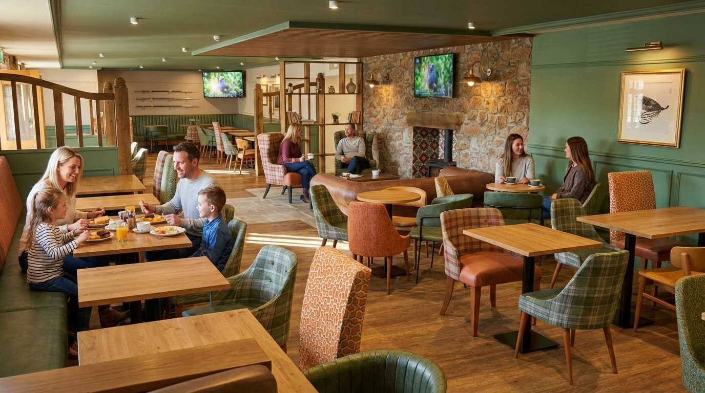 A wooden building with outdoor seating near a river, surrounded by green trees, during the evening with lights lit inside.