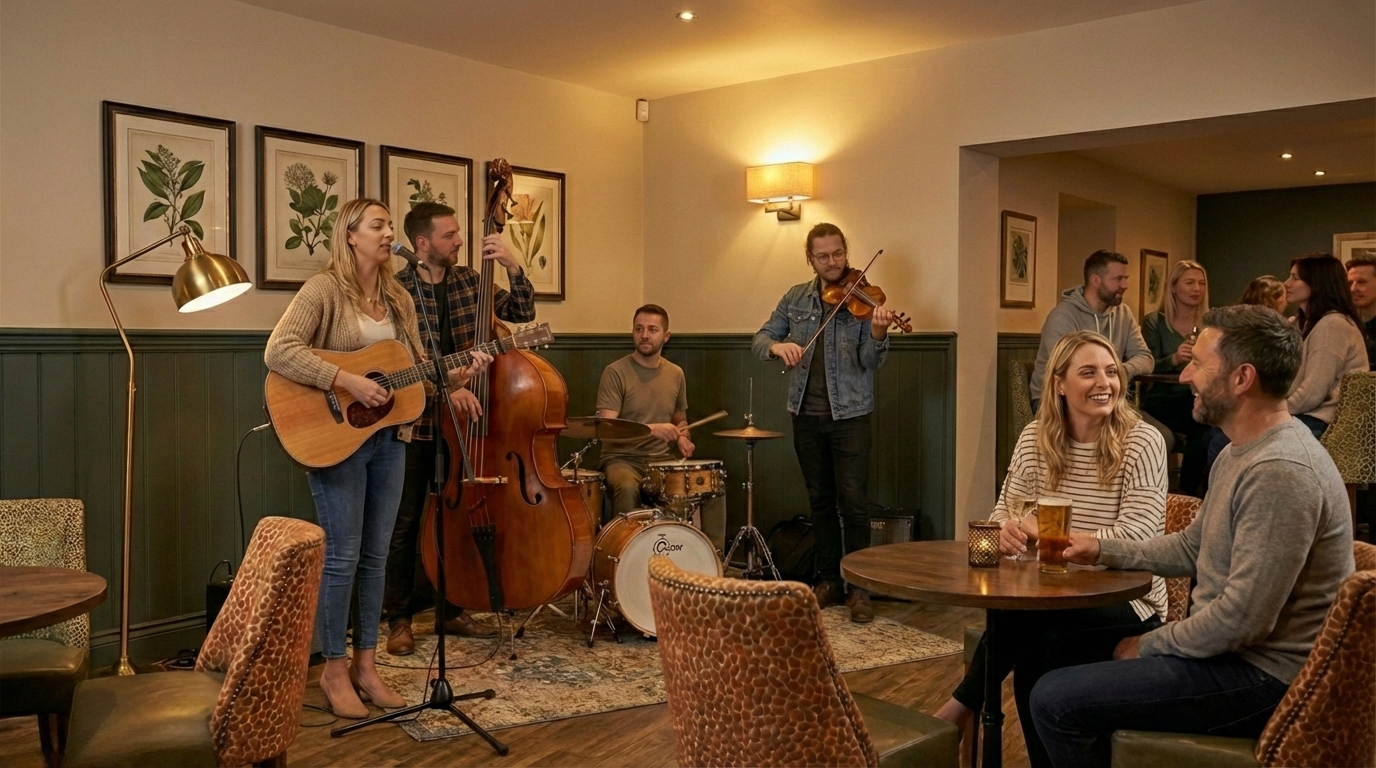 A live band performs on a wooden stage in a cozy restaurant with wood-paneled walls and a stone fireplace. The band includes a female bassist, a male guitarist and vocalist, and two male string players, one on violin and the other on drums. The audience sits at tables, enjoying drinks and smiling at the performance.