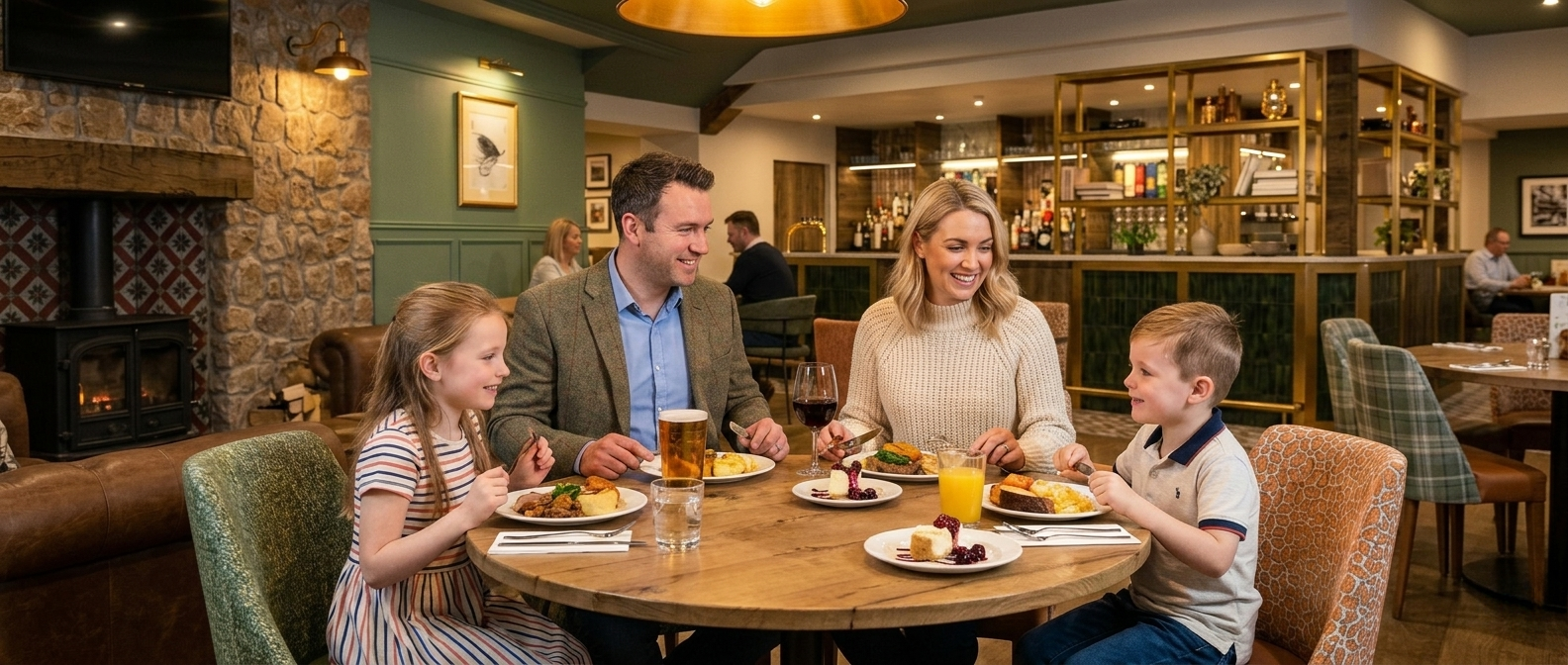 A family of four enjoying a meal at a restaurant with wooden accents, large windows, and warm lighting. They are sitting around a round table with salads, fries, and drinks, smiling and engaged in conversation.