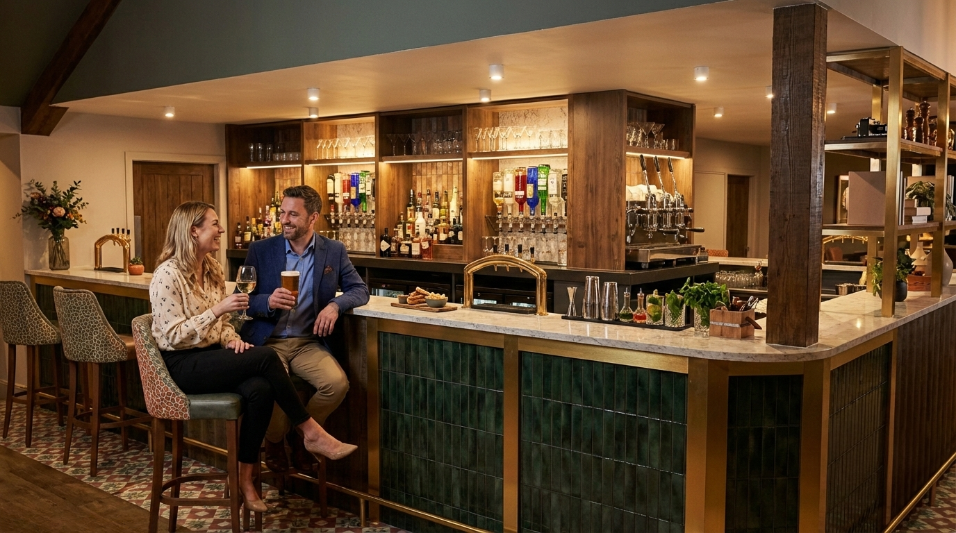 A man and woman sitting at a bar, chatting and smiling, each holding a glass of wine. The bar is made of wood with green chairs. Behind them, there is a bar shelf stocked with various bottles of alcohol and glassware, and a stone fireplace in the background.