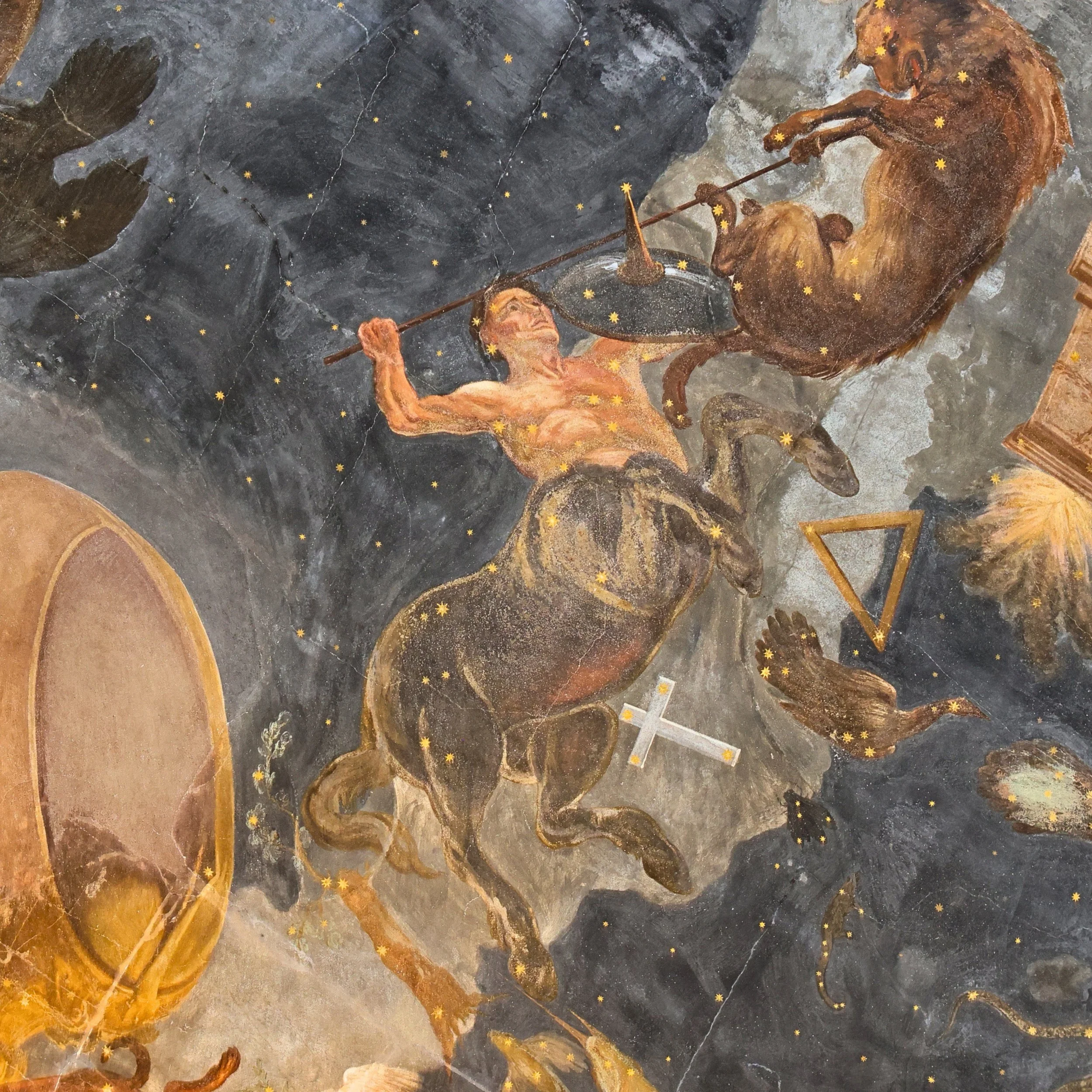 Fresco depicting a mythological scene with a man holding a whip and interacting with a large winged creature, surrounded by stars and clouds.