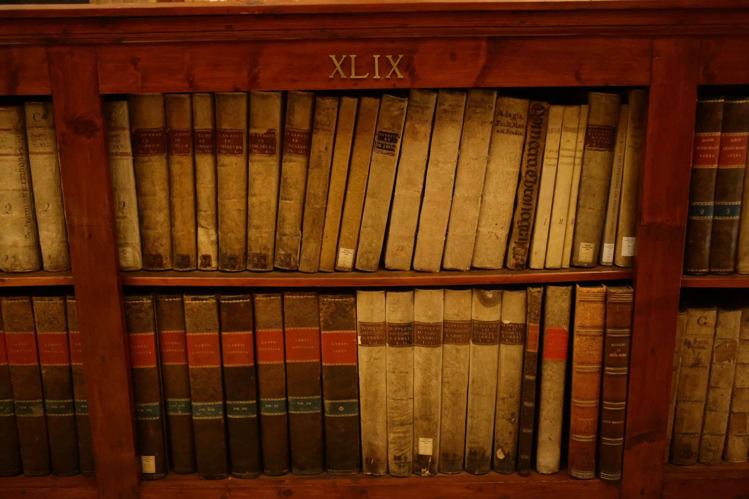 A wooden bookshelf with the Roman numeral XLIX displayed on the top. The bookshelf contains numerous old books with beige, brown, and red covers, some labeled with 'Supplement ad Concilium' and other titles.