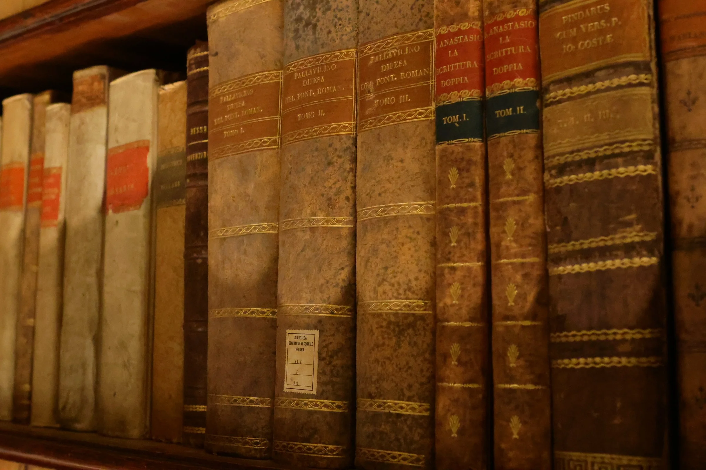 Shelf of old, leather-bound books with gold details and Italian titles in a library or archive.
