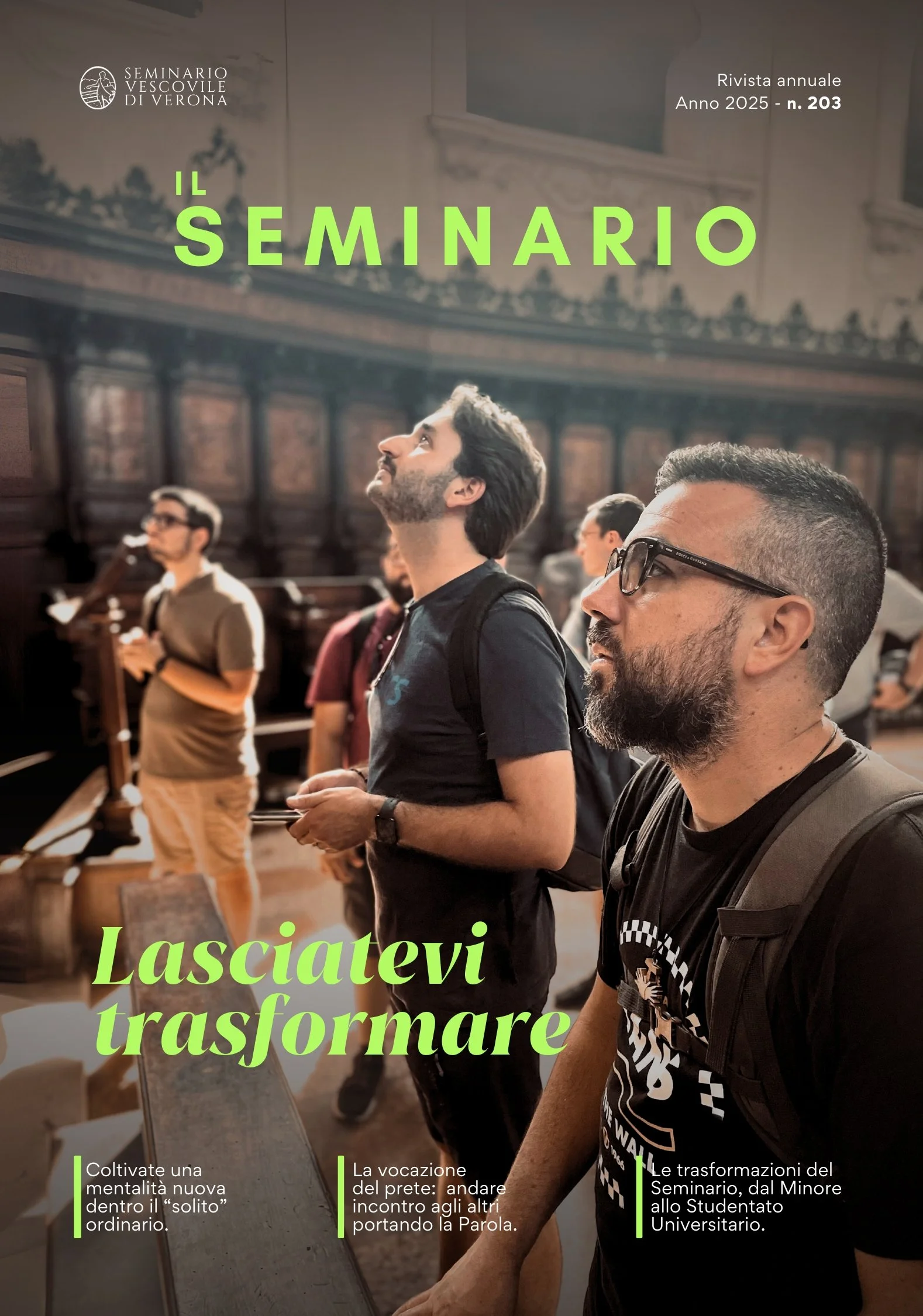 People attending an event in a hall with wooden paneling, focusing on one man in the foreground with glasses and a beard, and others in the background, at the 'Seminario Vescovile di Verona' with Italian text overlay about transformation and vocation.